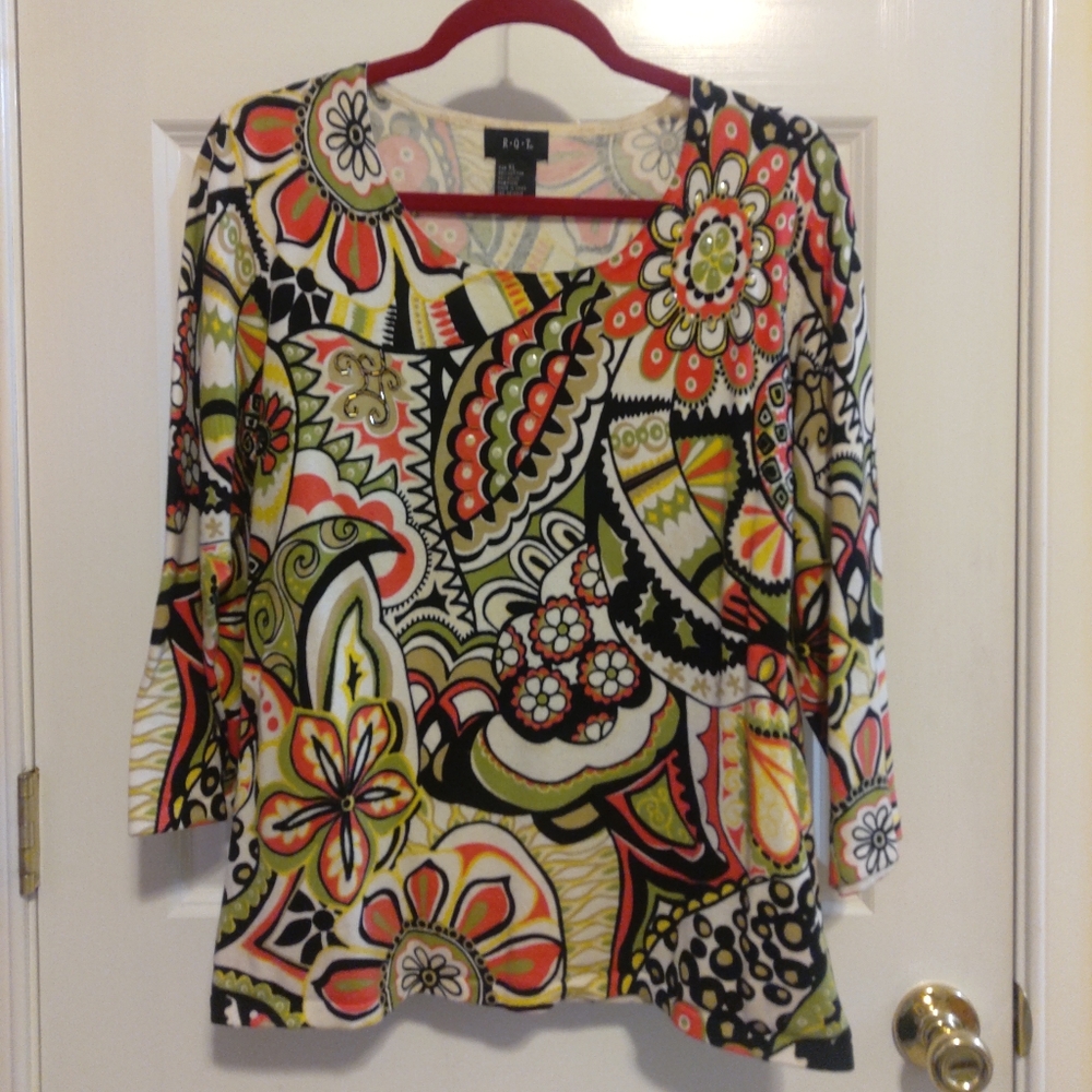 R.Q.T. Women's  Retro Floral Embellished Lightweight Sweater Long Sleeve…